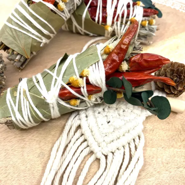 White Sage & Copal Smudge Stick with Red Chili Peppers, Bay Leaves, 4 "