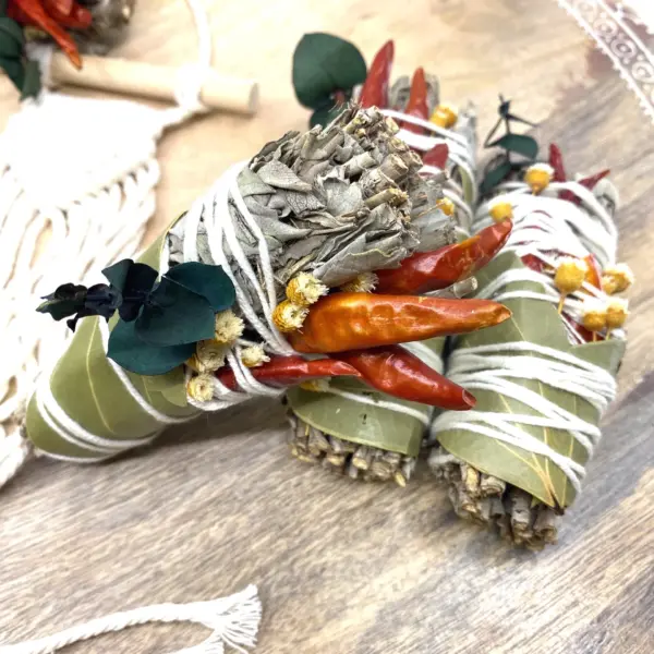 White Sage & Copal Smudge Stick with Red Chili Peppers, Bay Leaves, 4 " - Image 2