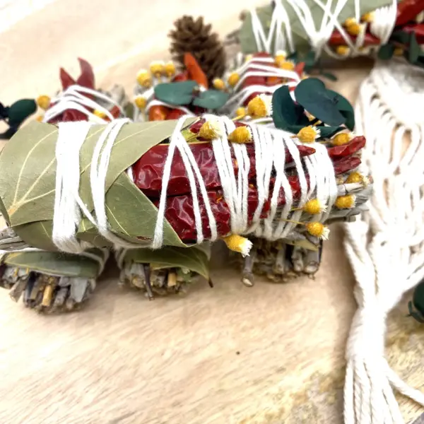 White Sage & Copal Smudge Stick with Red Chili Peppers, Bay Leaves, 4 " - Image 3