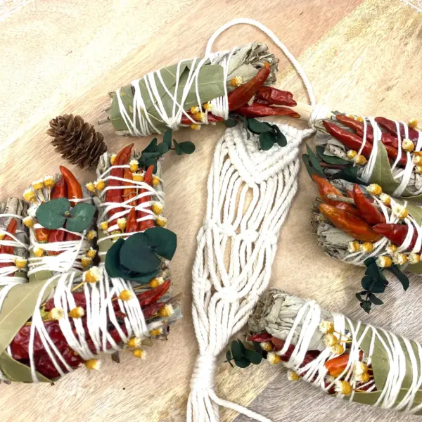 White Sage & Copal Smudge Stick with Red Chili Peppers, Bay Leaves, 4 " - Image 4