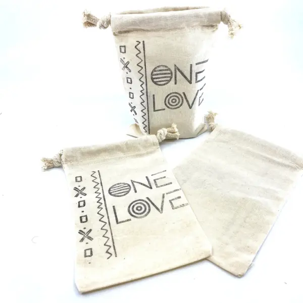 Hand Stamped, One Love, Cotton Drawstring Pouches 4" x 6" - Image 2