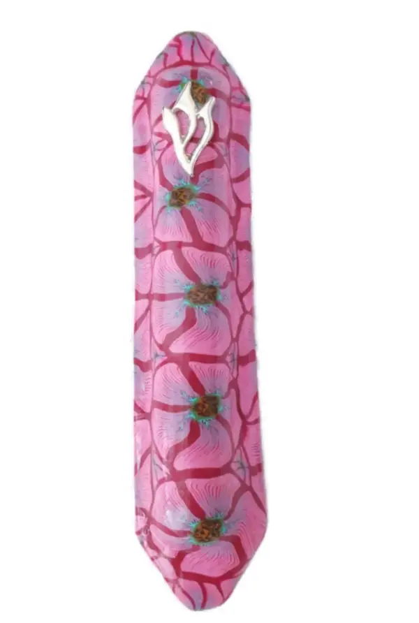 Polymer clay judaica mezuzah pink floral