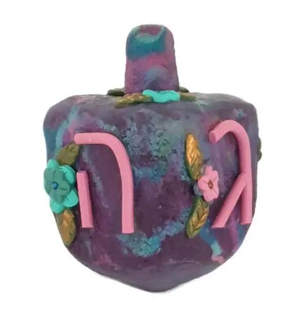 Judaica Hanukkah Purple Floral Dreidel Pink Letters