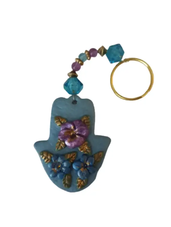 Hamsa key chain blue w/ small flowers