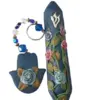 Mezuzah 10cm and keychain set-navy blue w/ flowers