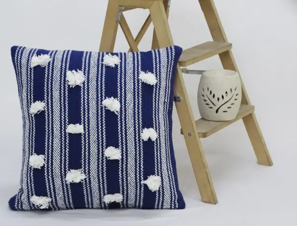 Blue 20" X 20" Decorative Throw Pillow with Pom Pom - Image 2