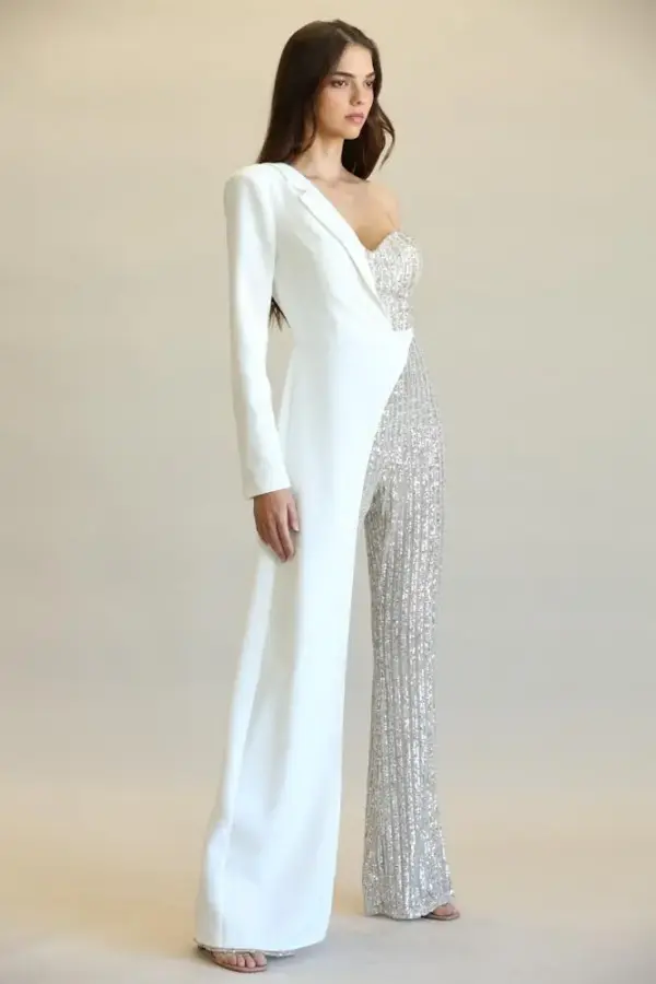 Evolet - Striped Sequin + Solid Stretch Woven Fabric Combo Jumpsuit - Image 2