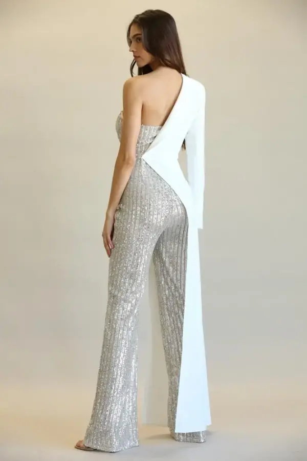 Evolet - Striped Sequin + Solid Stretch Woven Fabric Combo Jumpsuit - Image 3