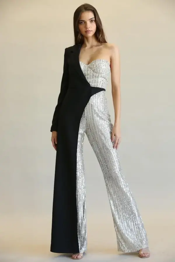 Evolet - Striped Sequin + Solid Stretch Woven Fabric Combo Jumpsuit - Image 4