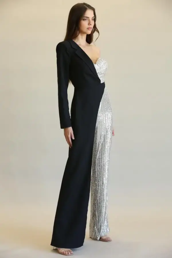 Evolet - Striped Sequin + Solid Stretch Woven Fabric Combo Jumpsuit - Image 5