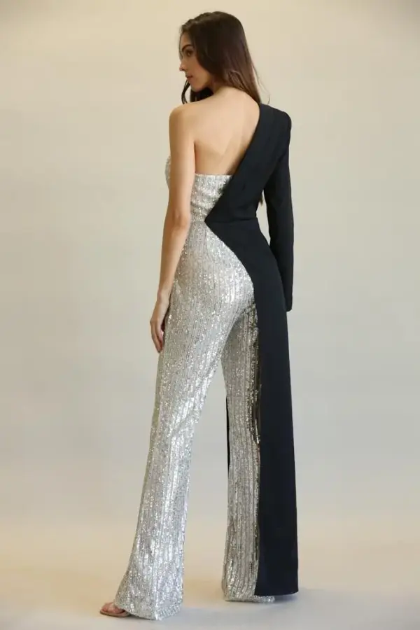 Evolet - Striped Sequin + Solid Stretch Woven Fabric Combo Jumpsuit - Image 6
