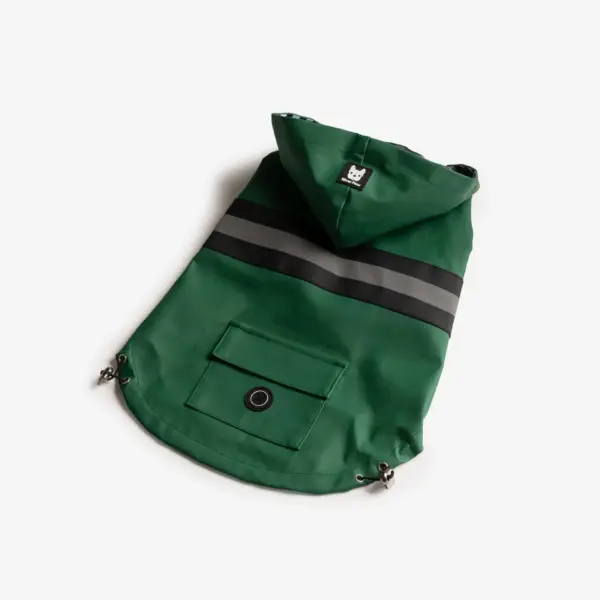 Aden Waterproof Dog Raincoat Green Vinyl Rain Jacket with Reflective Strip & Poop Bag Dispenser - Image 4