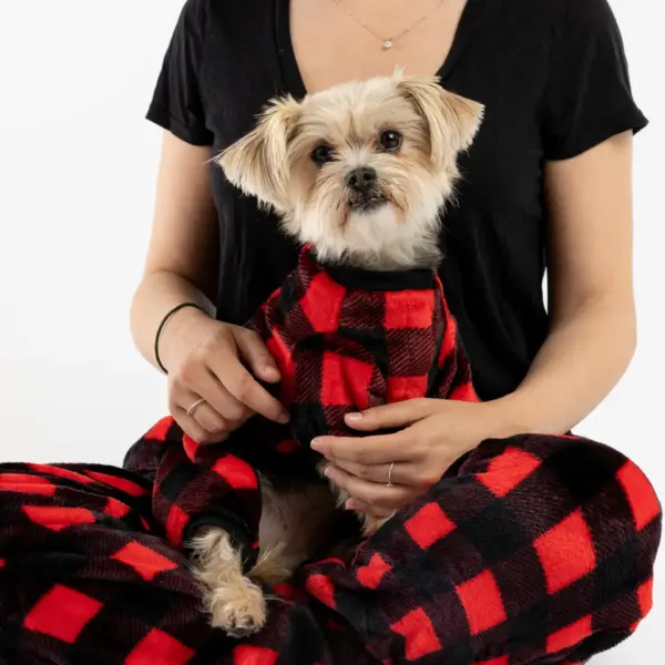 Buffalo Plaid Dog Pajamas Red Cozy Fleece Onesie with Velcro Closure - Image 2