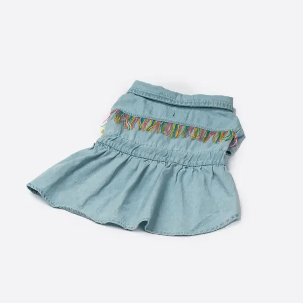 Ocean Denim Dog Dress Chic Festival-Ready Outfit with Rainbow Fringe & Leash Opening - Image 3
