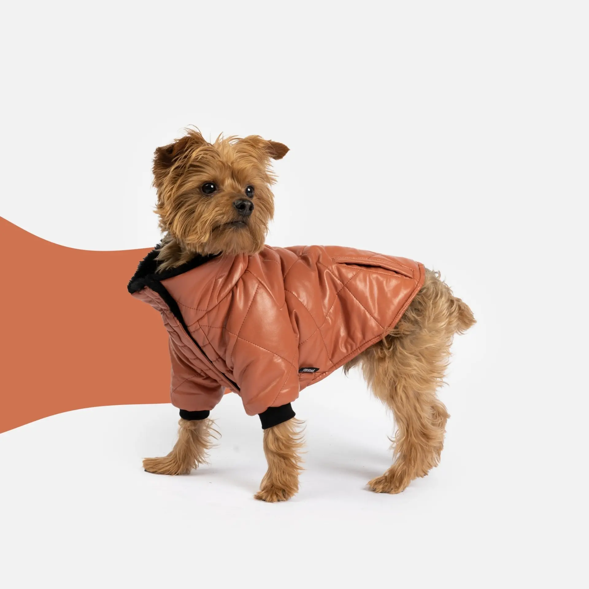 Phoenix Dog Jacket - Terracotta | Quilted Vegan Leather Coat with Faux Fur Lining