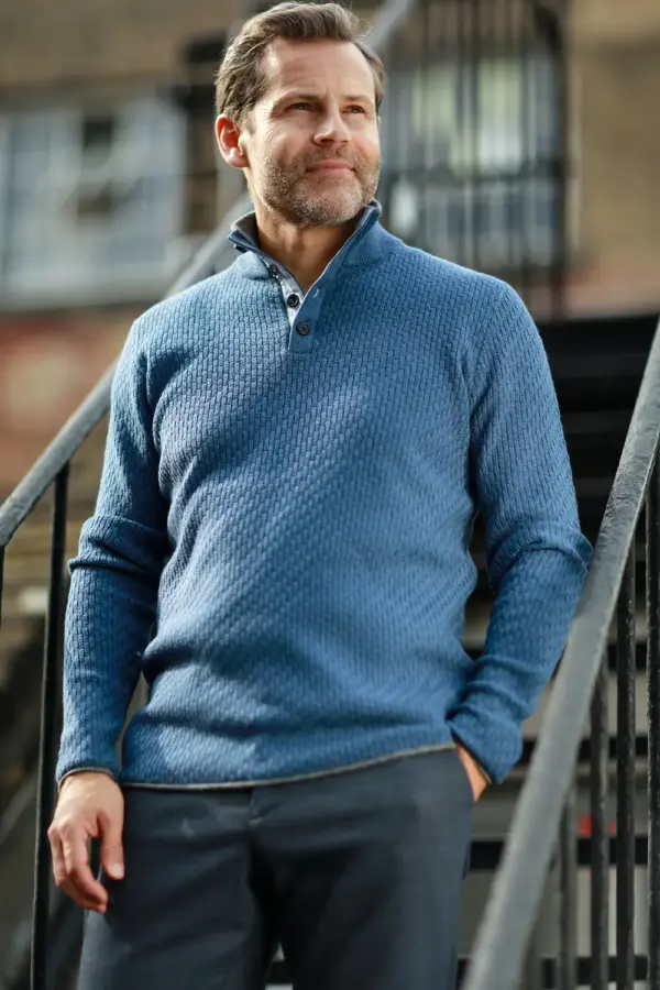 Camel Cashmere Sweater Button Neck Andromeda in Carbon Stitch - Image 4