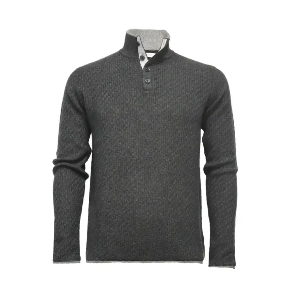 Camel Cashmere Sweater Button Neck Andromeda in Carbon Stitch - Image 9
