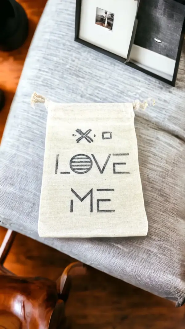 Hand Stamped, Love Me, Cotton Drawstring Pouches 4" x 6" - Image 5