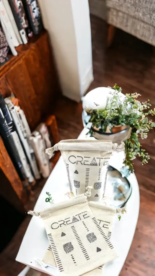 Hand Stamped, Create, Cotton Drawstring Pouches 4" x 6" - Image 3