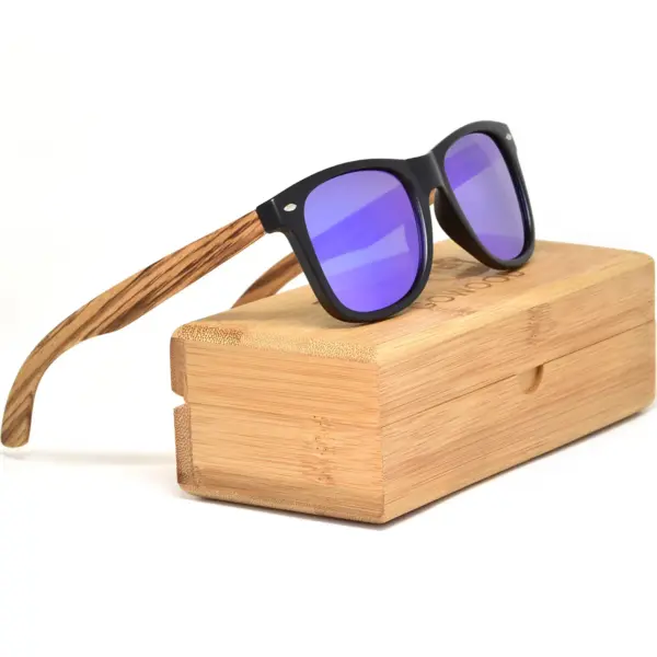 Zebra wood classic style sunglasses with blue mirrored polarized lenses - Image 2