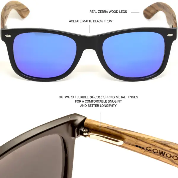 Zebra wood classic style sunglasses with blue mirrored polarized lenses - Image 5