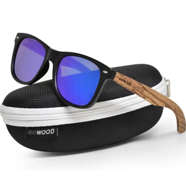Zebra wood classic style sunglasses with blue mirrored polarized lenses - Image 3