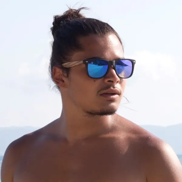 Zebra wood classic style sunglasses with blue mirrored polarized lenses - Image 9