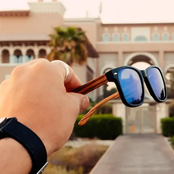 Zebra wood classic style sunglasses with blue mirrored polarized lenses - Image 7