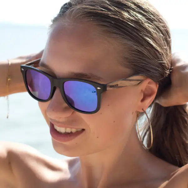 Zebra wood classic style sunglasses with blue mirrored polarized lenses - Image 8