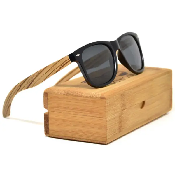 Zebra wood classic style sunglasses with black polarized lenses - Image 2