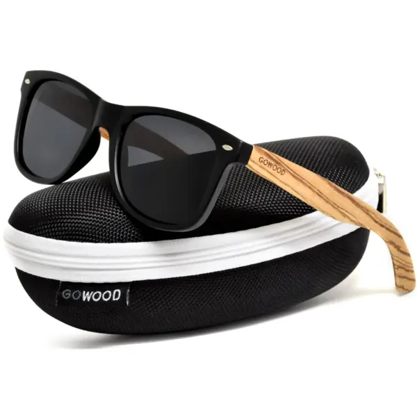 Zebra wood classic style sunglasses with black polarized lenses - Image 3