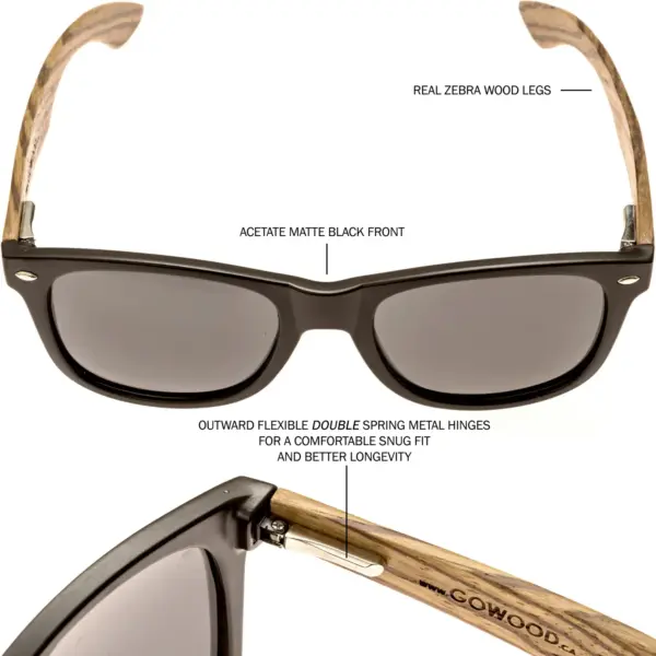 Zebra wood classic style sunglasses with black polarized lenses - Image 5