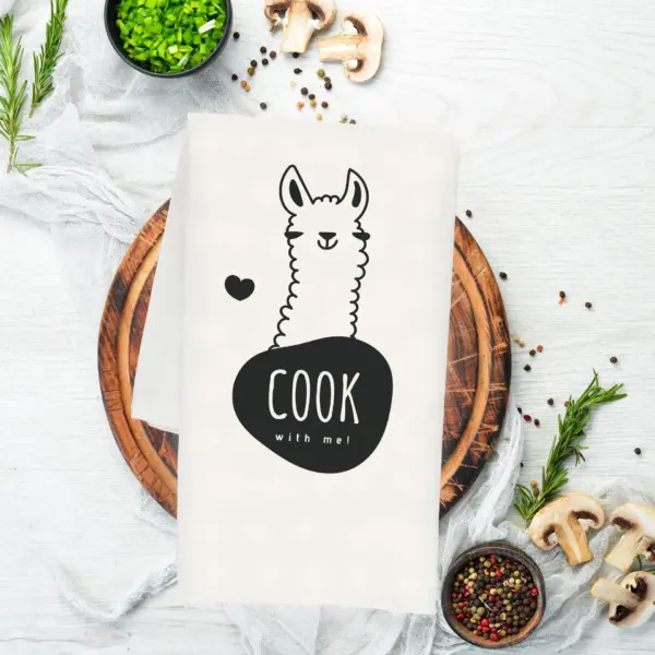 Cook with me! Llama cotton tea towel, 50 x 70 cm, organic cotton, eco friendly llama kitchen towel, towel with llama.