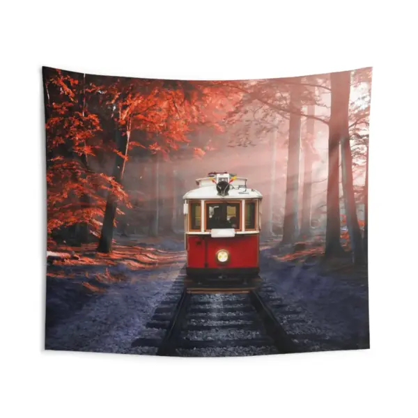 Red Tram in Forest Tapestry - Image 2
