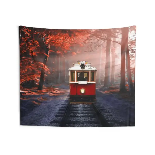 Red Tram in Forest Tapestry - Image 4