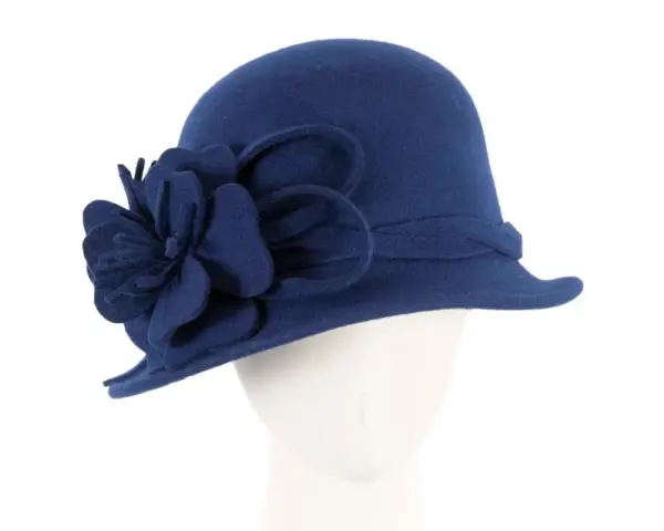 Blue felt winter hat with flower by Max Alexander