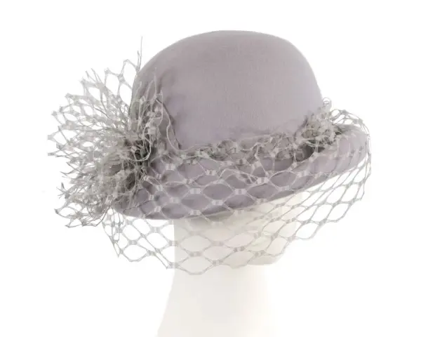 Grey winter felt cloche hat with face veil