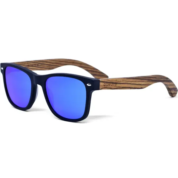 Zebra wood classic style sunglasses with blue mirrored polarized lenses