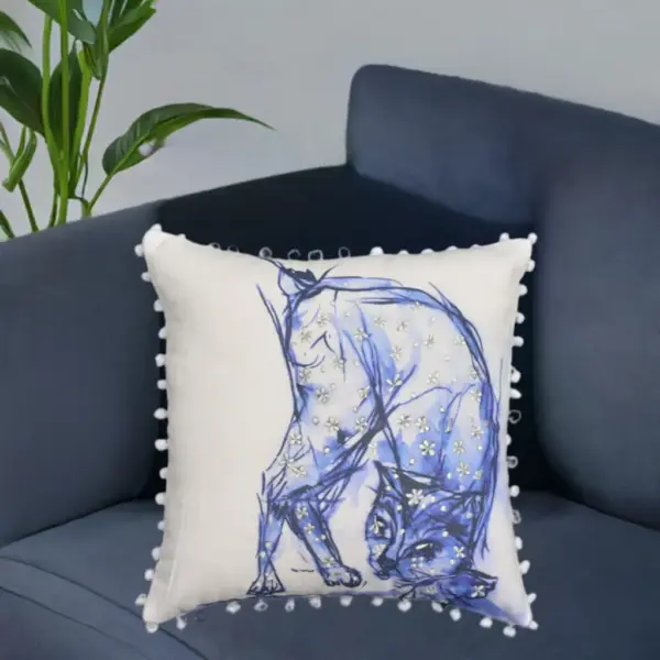 Blue Decorative Pillow with Pom-Poms Cat 18"x18" - Image 5