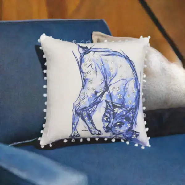 Blue Decorative Pillow with Pom-Poms Cat 18"x18" - Image 4
