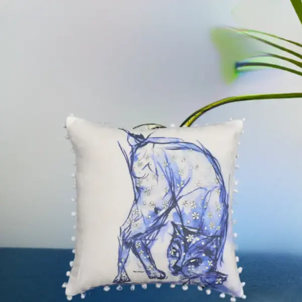 Blue Decorative Pillow with Pom-Poms Cat 18"x18" - Image 3