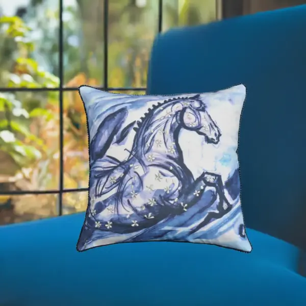 Embroidered 18"x18" Blue Decorative Pillow (Horse) - Image 6