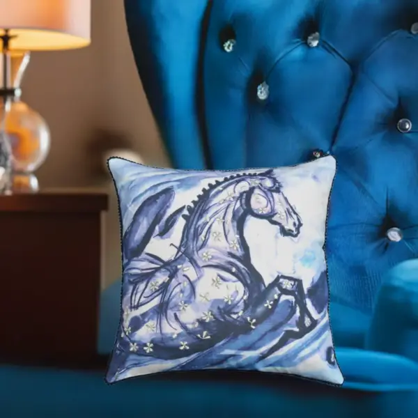 Embroidered 18"x18" Blue Decorative Pillow (Horse) - Image 5