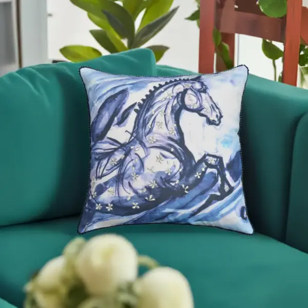 Embroidered 18"x18" Blue Decorative Pillow (Horse) - Image 4