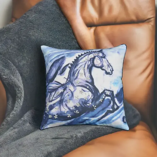Embroidered 18"x18" Blue Decorative Pillow (Horse) - Image 3