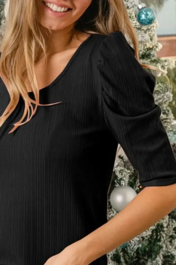 BiBi Verigated Rib Knit Puff Sleeves Shorts Top - Image 2