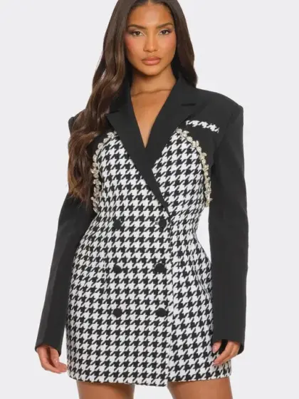 Monochrome Glam Houndstooth Blazer Dress