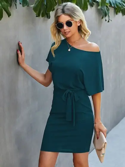 Boat Neck One-Shoulder Short Sleeves Tie Dress