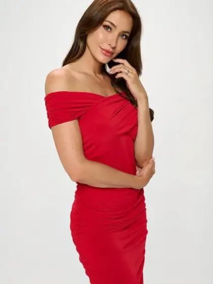 Solid Off Shoulder Midi Bodycon Dress
