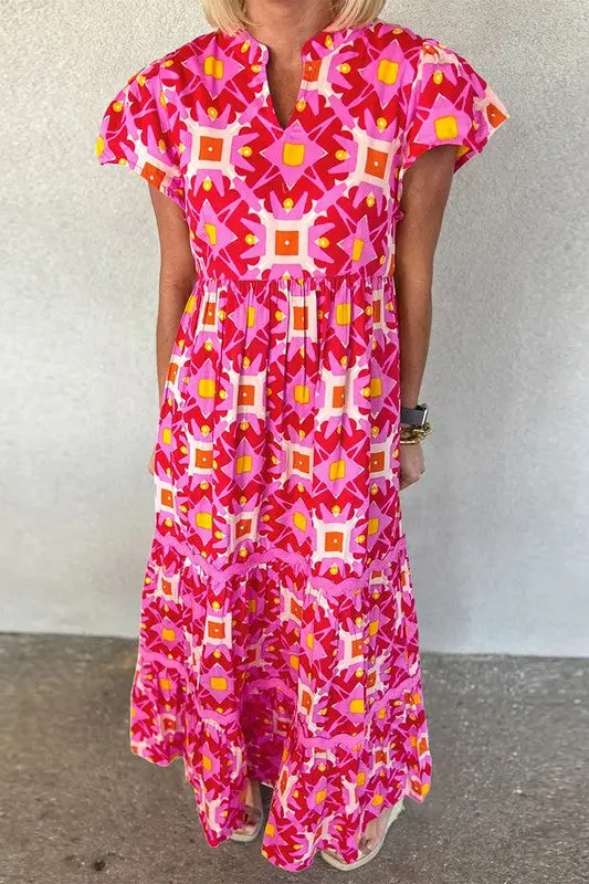 Women Strawberry Geo Print V-neck Maxi Dress - Image 2